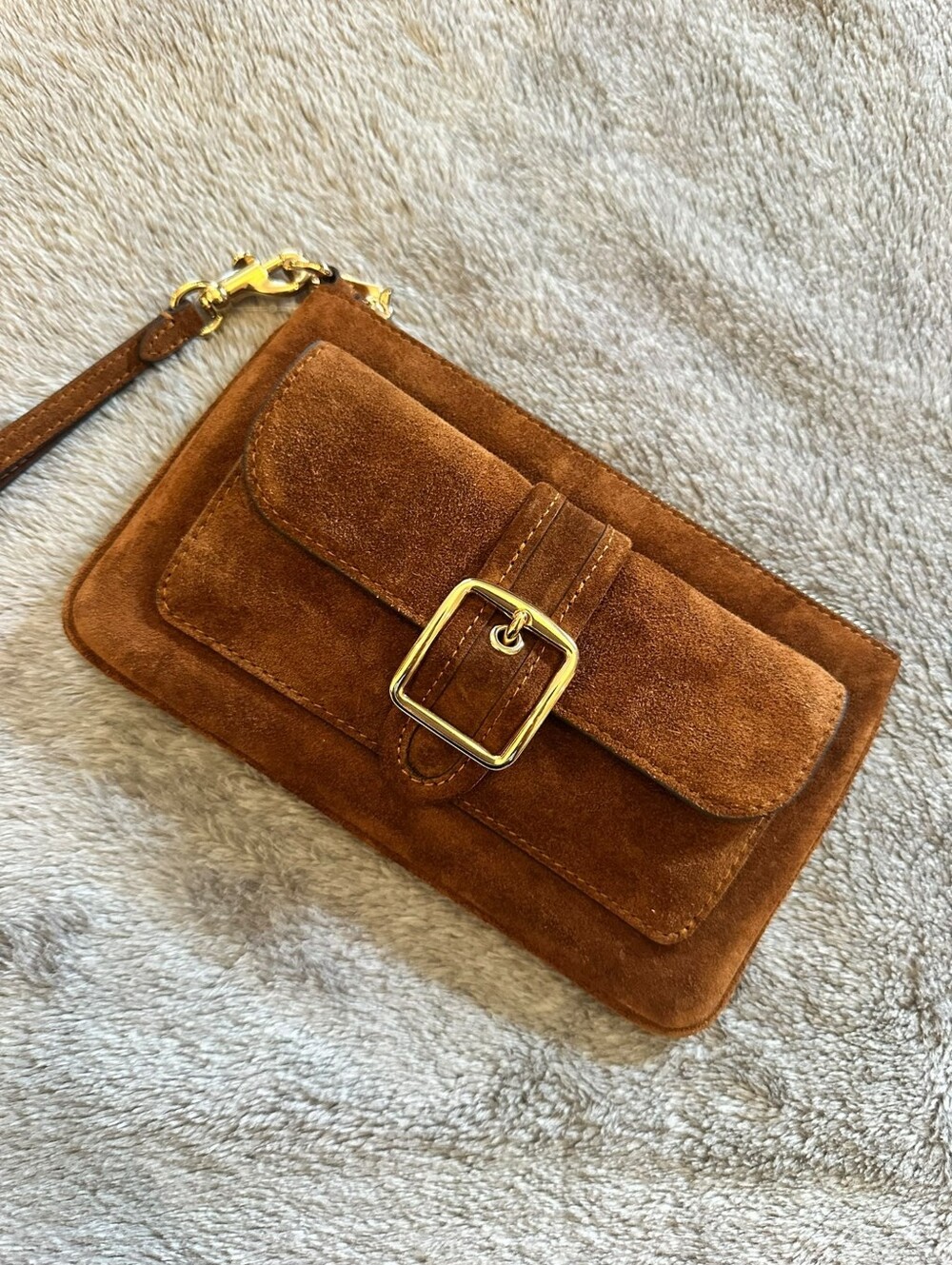 Coach Brown Suede Wristlet with Gold Hardware